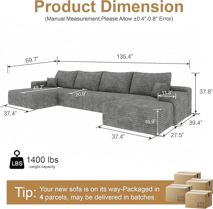 136" Sectional Couches for Living Room Cloud Couch Sofa