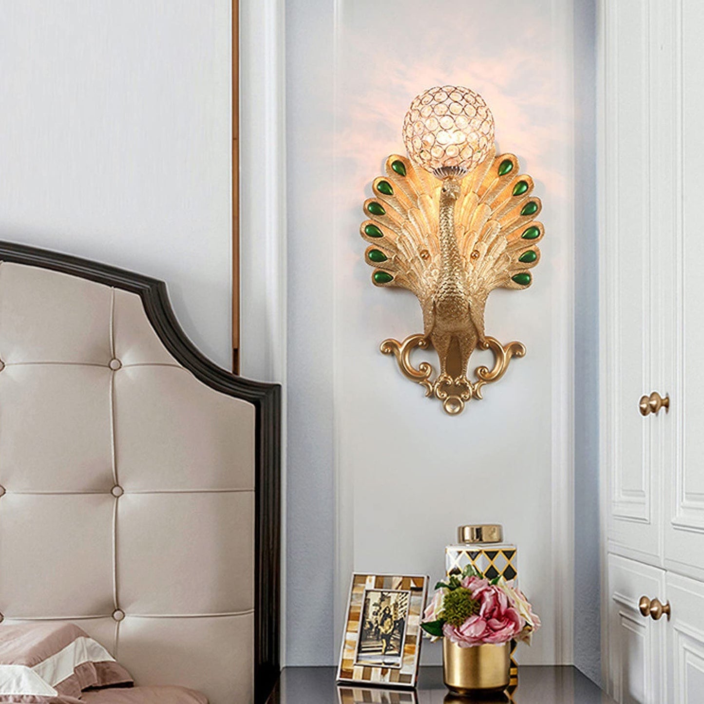 CEKUXPS Modern Resin Peacock Light Wall Sconce, Gold Crystal Wall Lamp, 20.4" x 12.2" x 12.2", Living Room, Bedroom, Kitchen, Dining, Study, Hallway