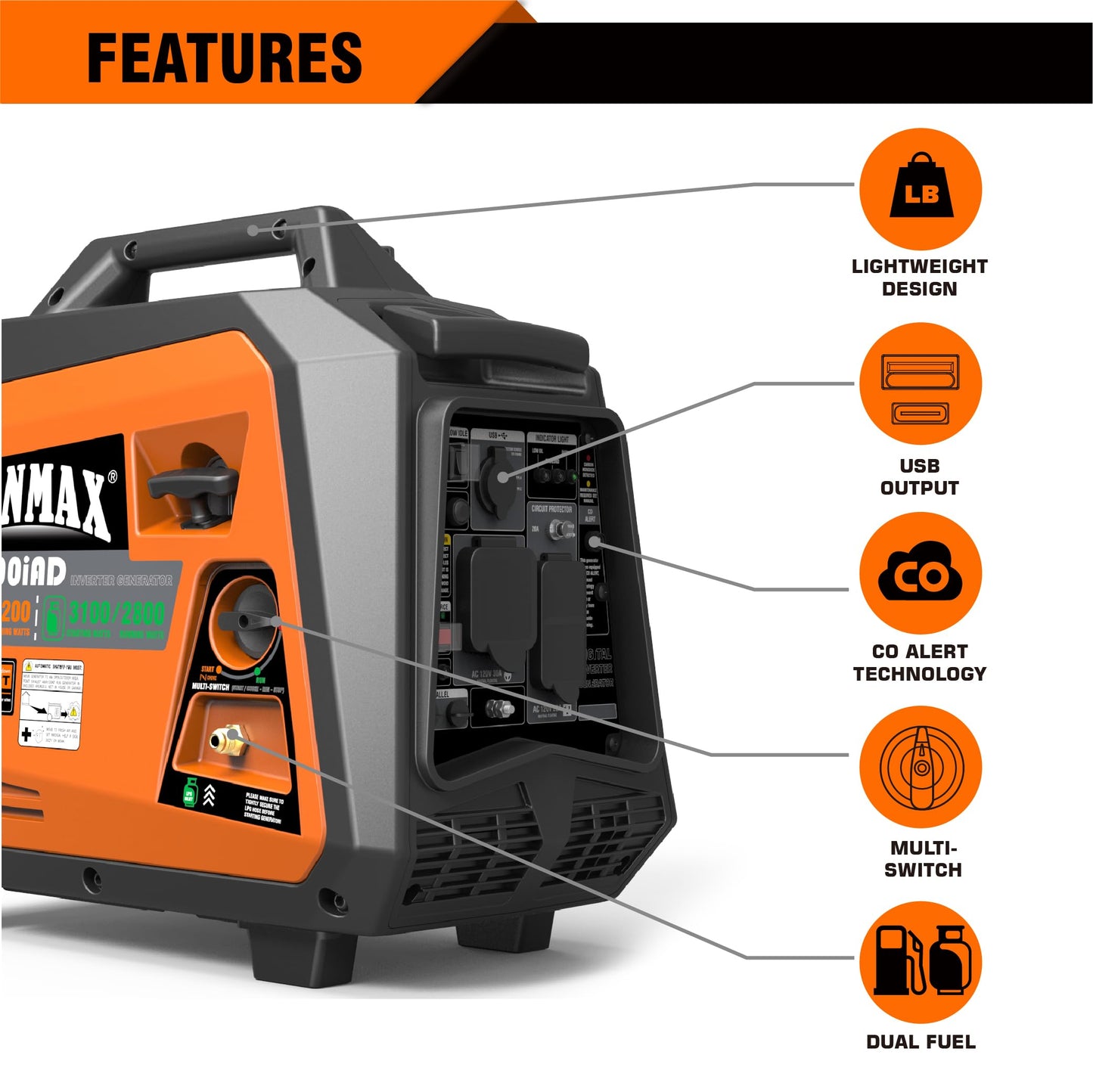 GENMAX Portable Generator, 3500W Super Quiet Gas or Propane Powered Engine with Parallel Capability, Manual start，Ideal for Camping Travel Outdoor.EPA Compliant