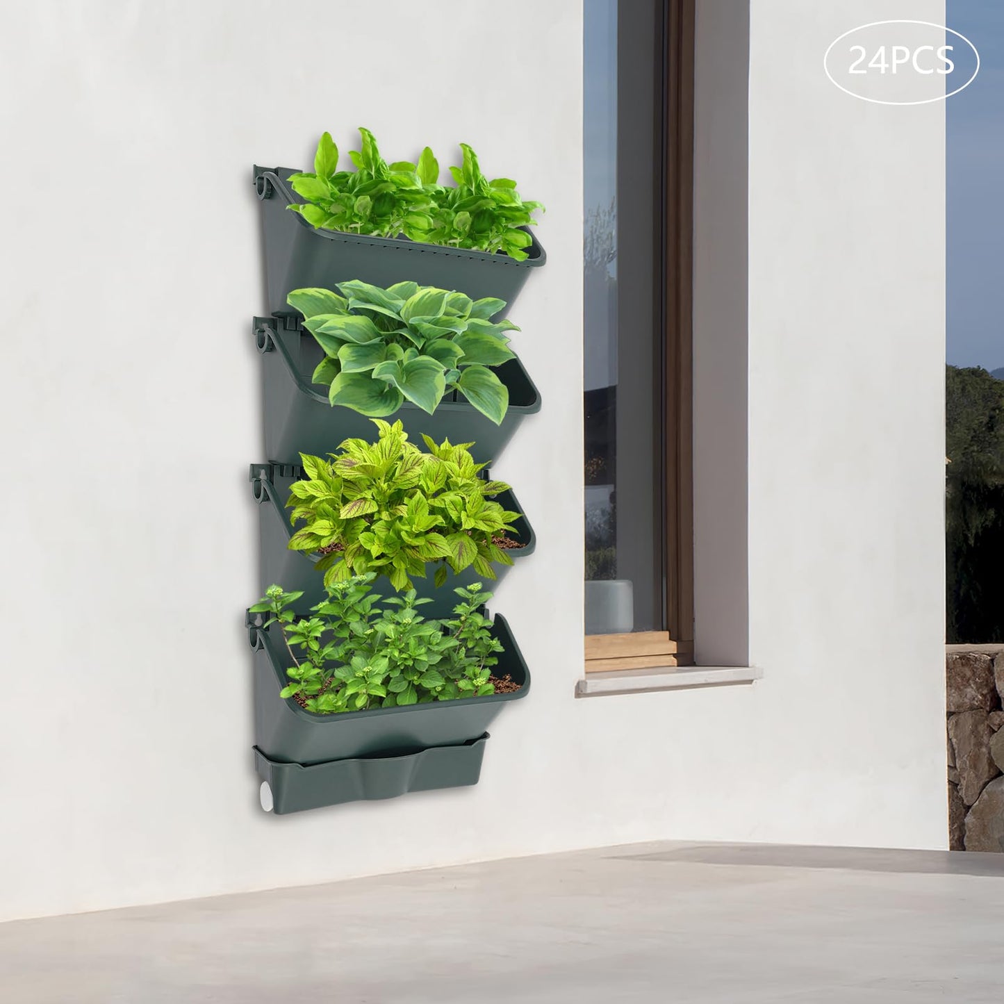 NEATOOM 24 Pocket Vertical Garden Planter Wall Mounted, 13 inch Self Watering Hanging Vertical Flowerpot, Plastic Indoor Outdoor Hanging Pocket Planters for Vegetables, Fruits, and Herbs (Army Green)
