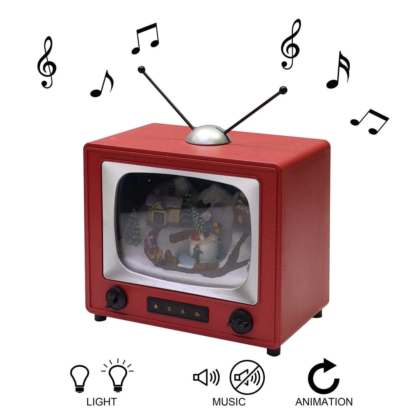 MOMENTS IN TIME Red Retro TV with Snowy Village Home Scene (Animated Snowman) with LED Lights 6" H, 8 Classic Carols Christmas Music Battery Operated Hand-Painted Resin Polyresin Injection Plastic