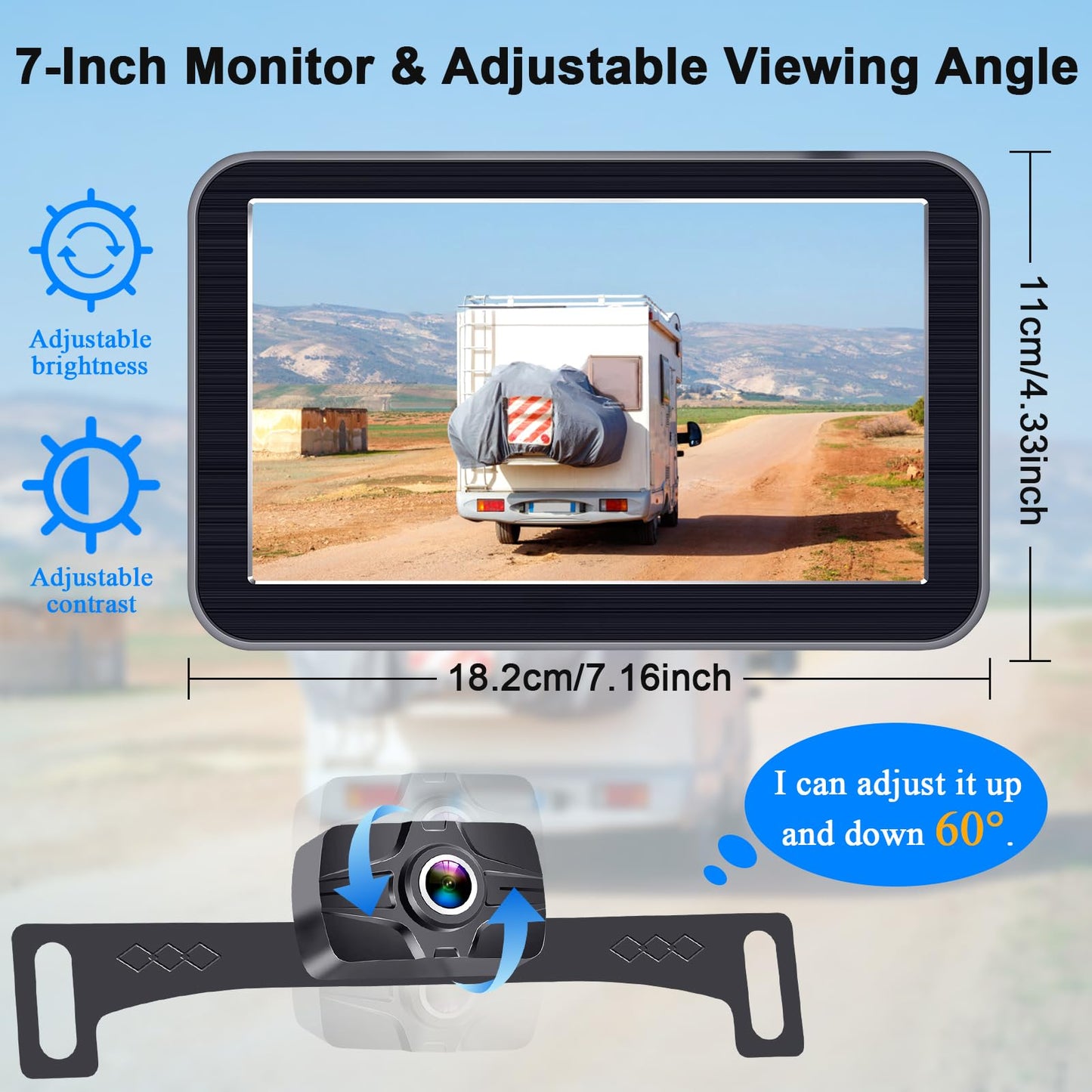 7-Inch Wireless Backup Camera for Truck - 2 Channel, DIY Grid Lines, HD 1080P, Night Vision, IP69K Waterproof, Backup Camera for Truck, Pickup, Trailer, Cars - Parking Safety & Towing Assistance