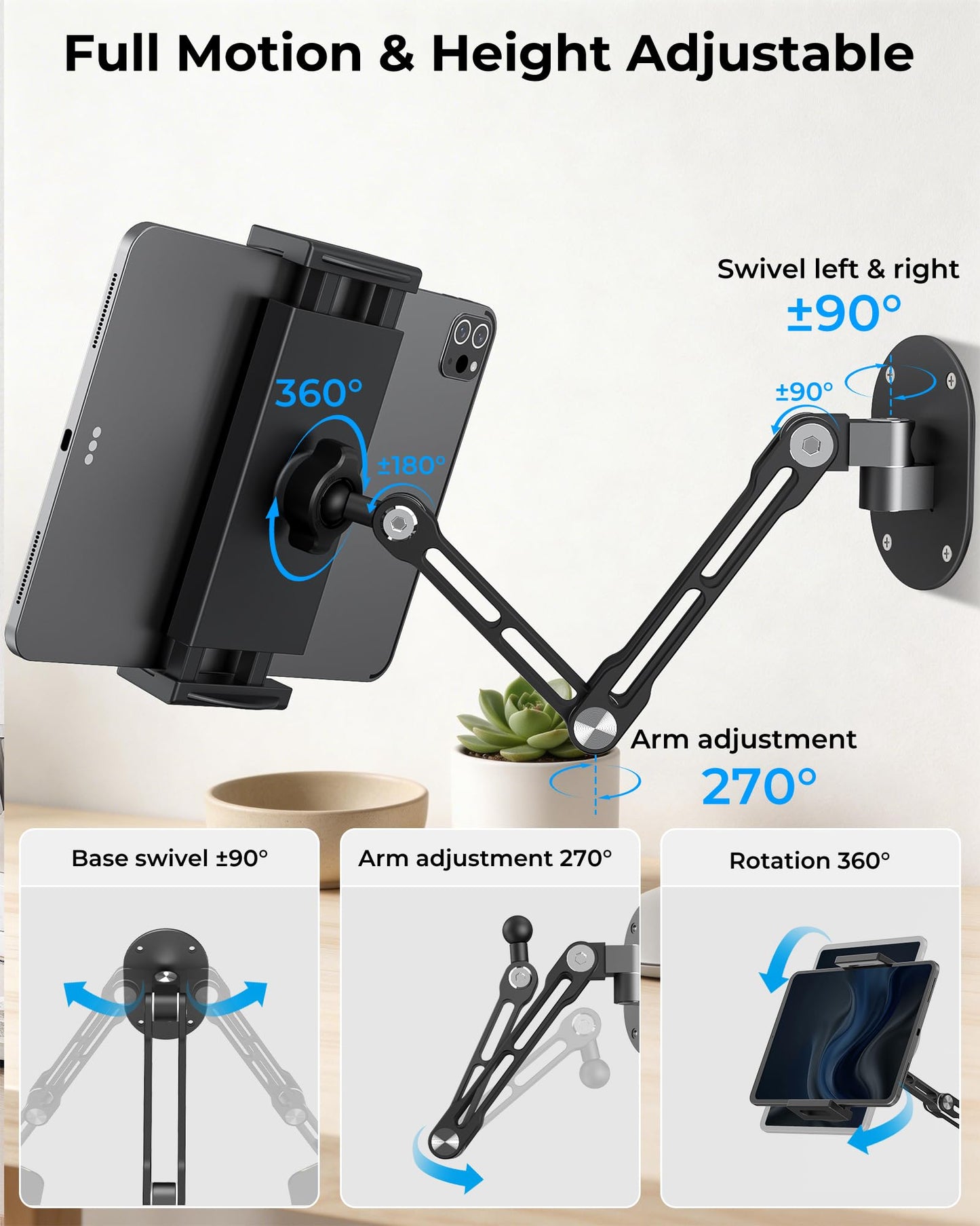 iPad Wall Mount Holder, Heavy Duty Aluminum Tablet Wall Mount, Full Motion Tilt & Swivel Base, Adjustable Foldable for Kitchen, Gym, Fits iPad Pro Air Mini, Galaxy Tab, 4.7-13" Phones & Tablets, Black