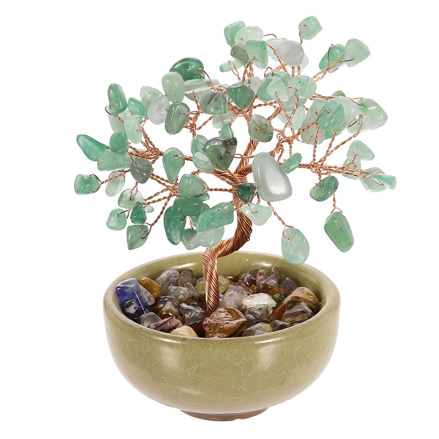 MECCANIXITY 7 Chakra Crystal Tree of Life, Natural Aventurine Gemstone Tree Handmade Feng Shui Bonsai with Agate Base for Positive Energy, Good Luck, Home Decor (4 x 2.4 Inch Green)