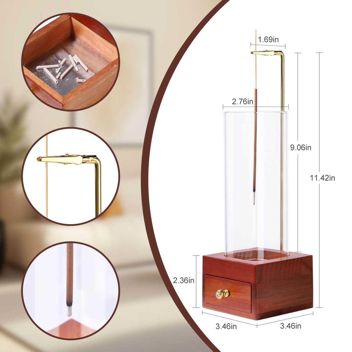 LIGOFLORA Brown Wooden Incense Holder with Easy-Clean Ash Catcher Drawer, Vertical Incense Burner with Windproof Glass Tube & Stainless Steel Base for Meditation, Includes 20 Sticks