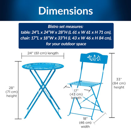Alpine Corporation 3-Piece Bistro Set with Folding Table and 2 Chairs, Durable Steel Indoor/Outdoor Patio Furniture, Compact Seating, Blue