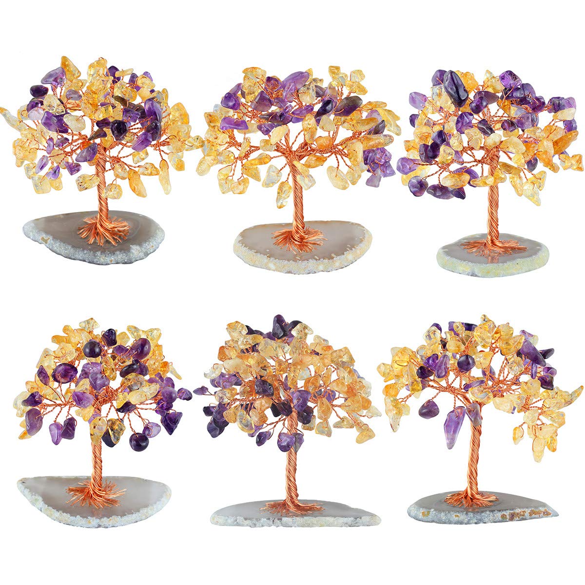 SUNYIK Amethyst/Citrine Mini Crystal Money Tree on Natural Agate Slab, Handmade Tumble Chip Stone Bonsai Sculpture Figurine Decoration for Wealth and Luck Size 2.5-2.3 Inches