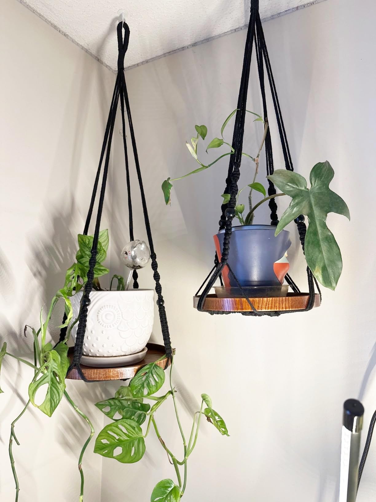 Shineloha 2 Pack Macrame Plant Hanger | Plant Hanger Indoor, Hanging Planter Shelf | Hanging Planter (Black) (1 Large + 1 Medium)
