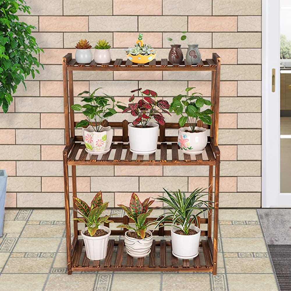 Ufine 3 Tier Wood Plant Stand Vertical Plant Display Shelf Indoor Ourdoor Plant Rack, Balcony Living Room, Kitchen, Porch Organizer Plants Holder
