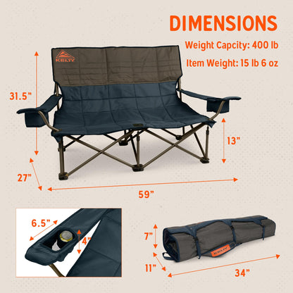 Kelty Low Loveseat Oversized 2-Person Heavy Duty Folding Camp Chair, Double Seat for Soccer Games, Tailgating, Beach Days (Low Height/Dark Shadow)