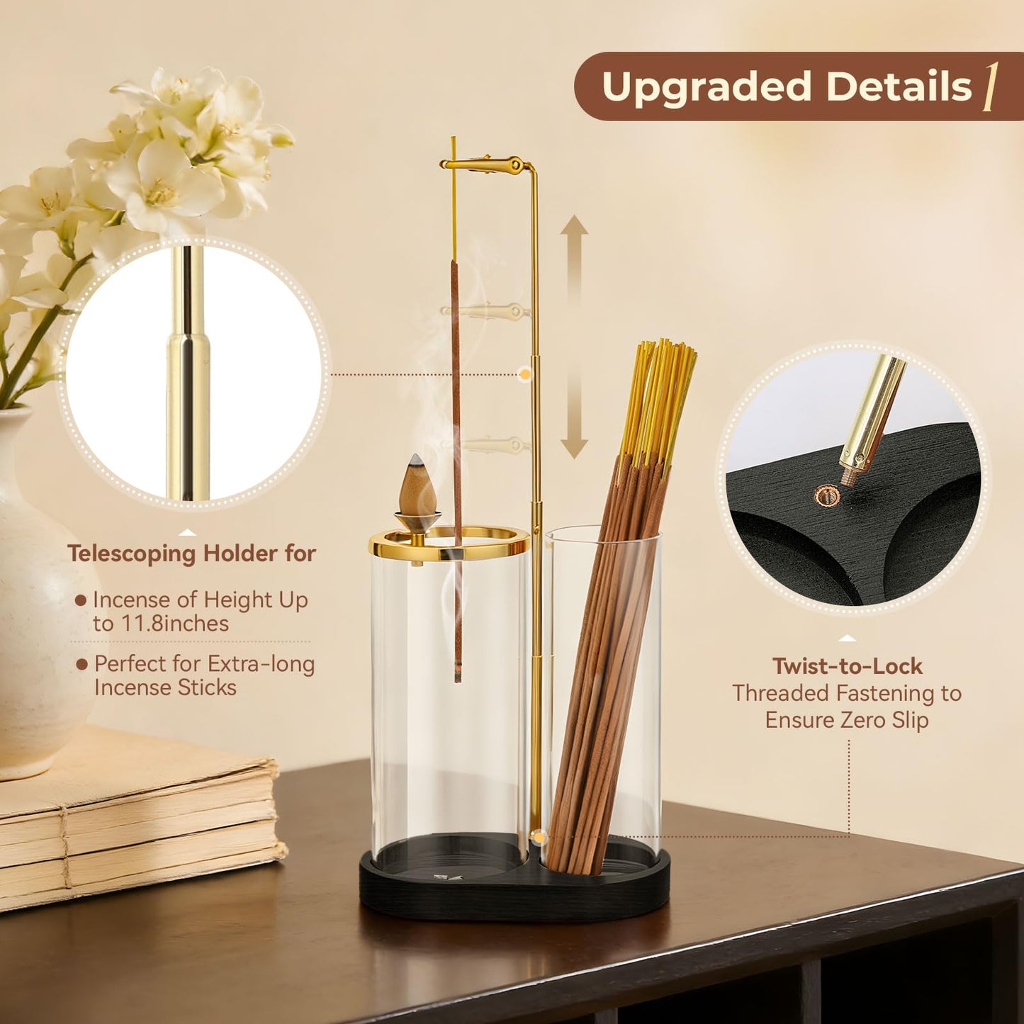 3 in 1 Incense Holder for Sticks Upside Down Anti-Ash Incense Burner with Glass Ash Catcher Backflow Cone Incense Diffuser with Adjustable Threaded Mounting for Mediation Yoga Spa Gifts Home Decor