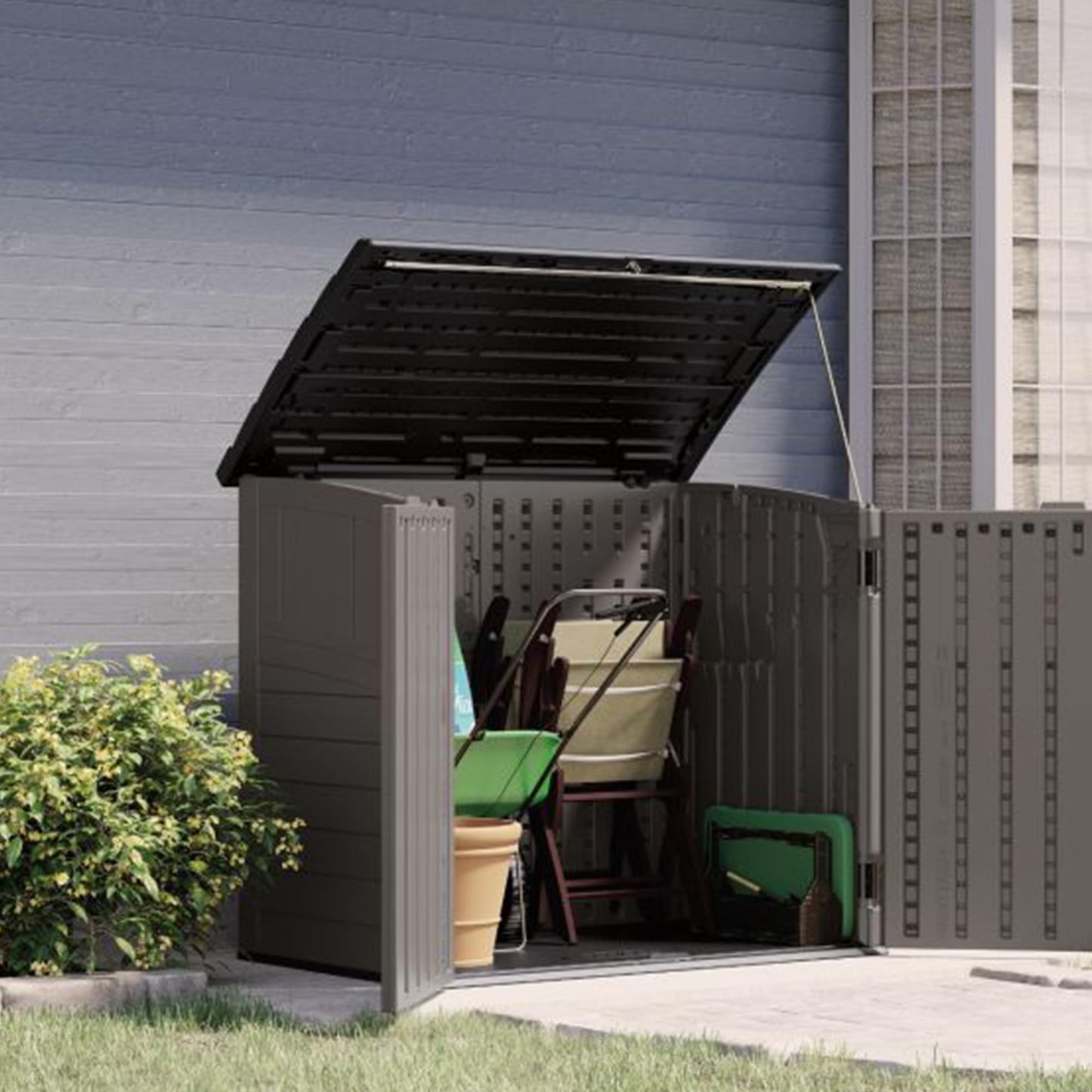 Suncast 34 Cu Ft Horizontal Resin Storage Shed - Outdoor Storage Shed with Floor Included, Lockable, Weatherproof, Fits Small to Medium Trash Cans, Generators, & Garden Tools, Stoney Black