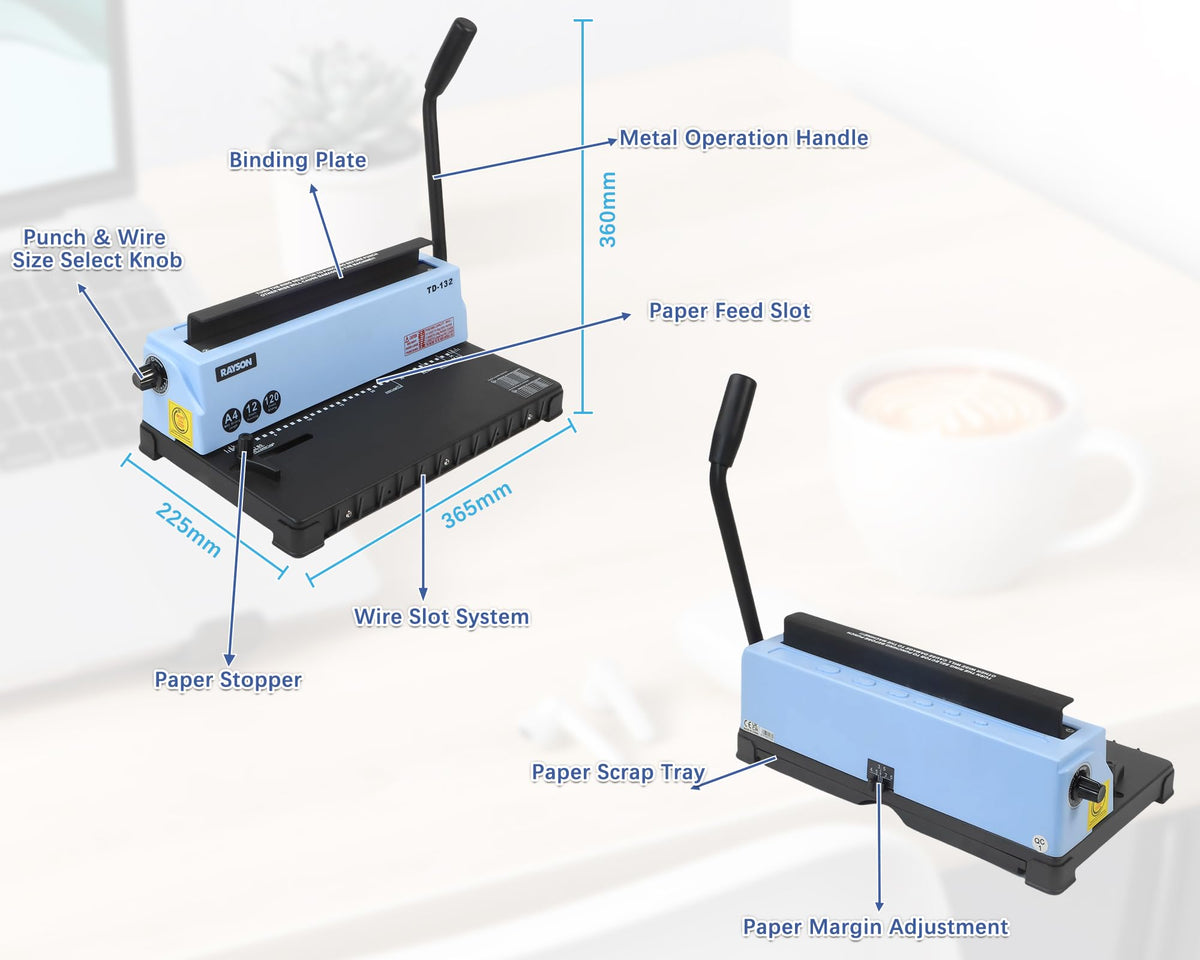 Rayson TD-132 Wire Binding Machine, 32-Hole Spiral Coil Binder, 3:1 Pitch, Punches 12 Sheets, Binds up to 120 Sheets, Sturdy Metal Construction