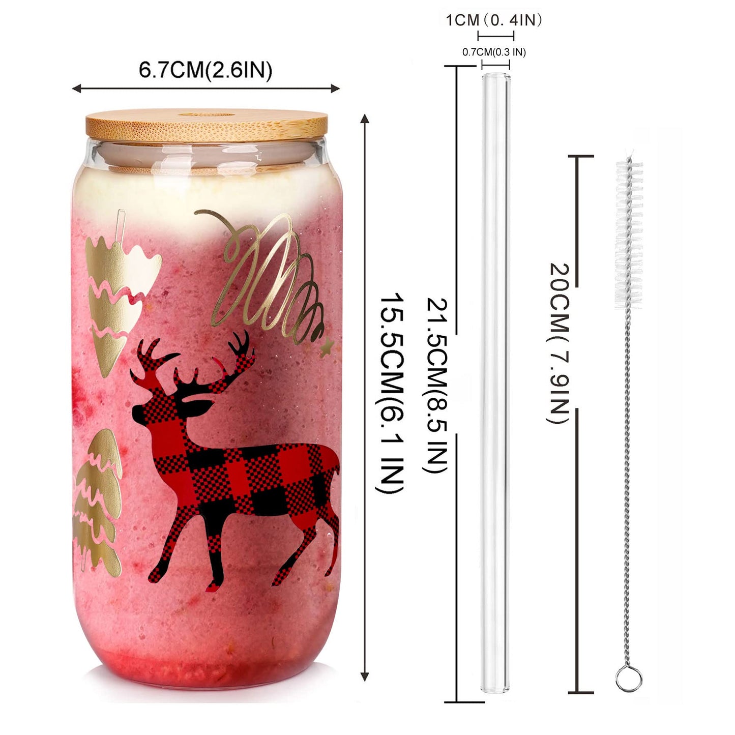 Christmas Cups, 18oz Christmas Iced Coffee Glass Cups with Lids and Straws White Elephant Gifts for Adults Colorful Xmas Tree Elk Tumbler Drinking Glasses Christmas Teacher Gifts for Women Men