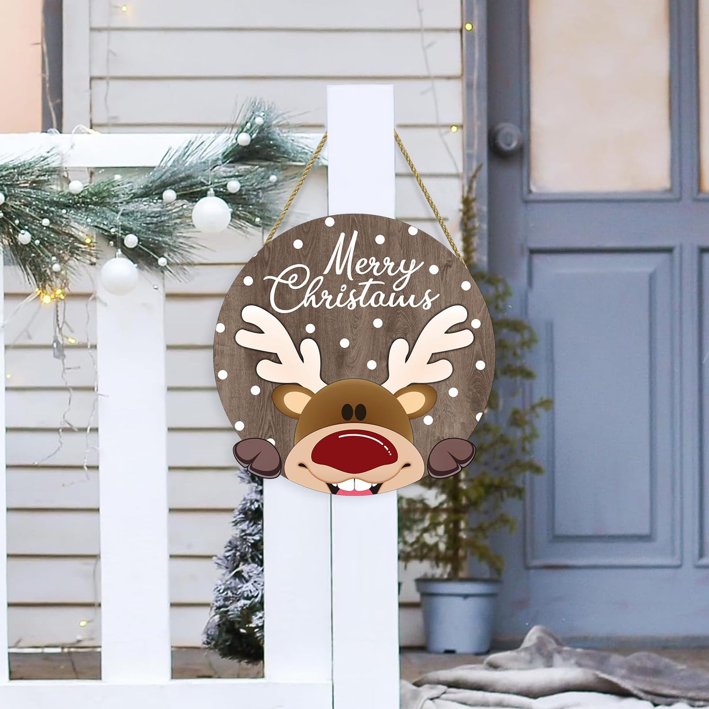 SIKERIC Merry Christmas Reindeer Door Hanger, 11.4''x11.4'' Wooden Christmas Wall Decor Plaque for Home Party Porch Entryway