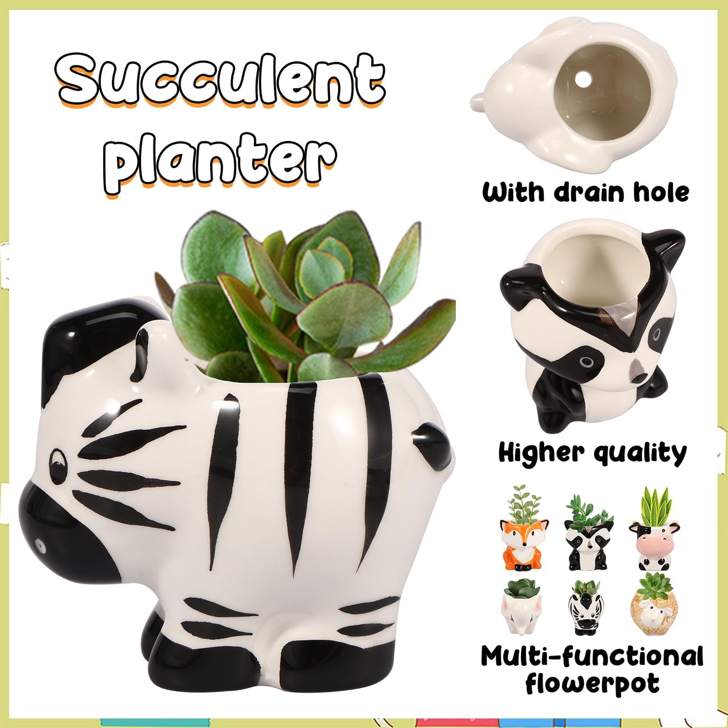 KTZCTPCA 6Pcs Animal Ceramics Planter, 3" Cartoon Ceramic Succulent Pots with Drain Holes and Bamboo Tray, Ceramics Planter Cute Animal Ceramic Succulent Pots Flower Container for Succulents, Herbs