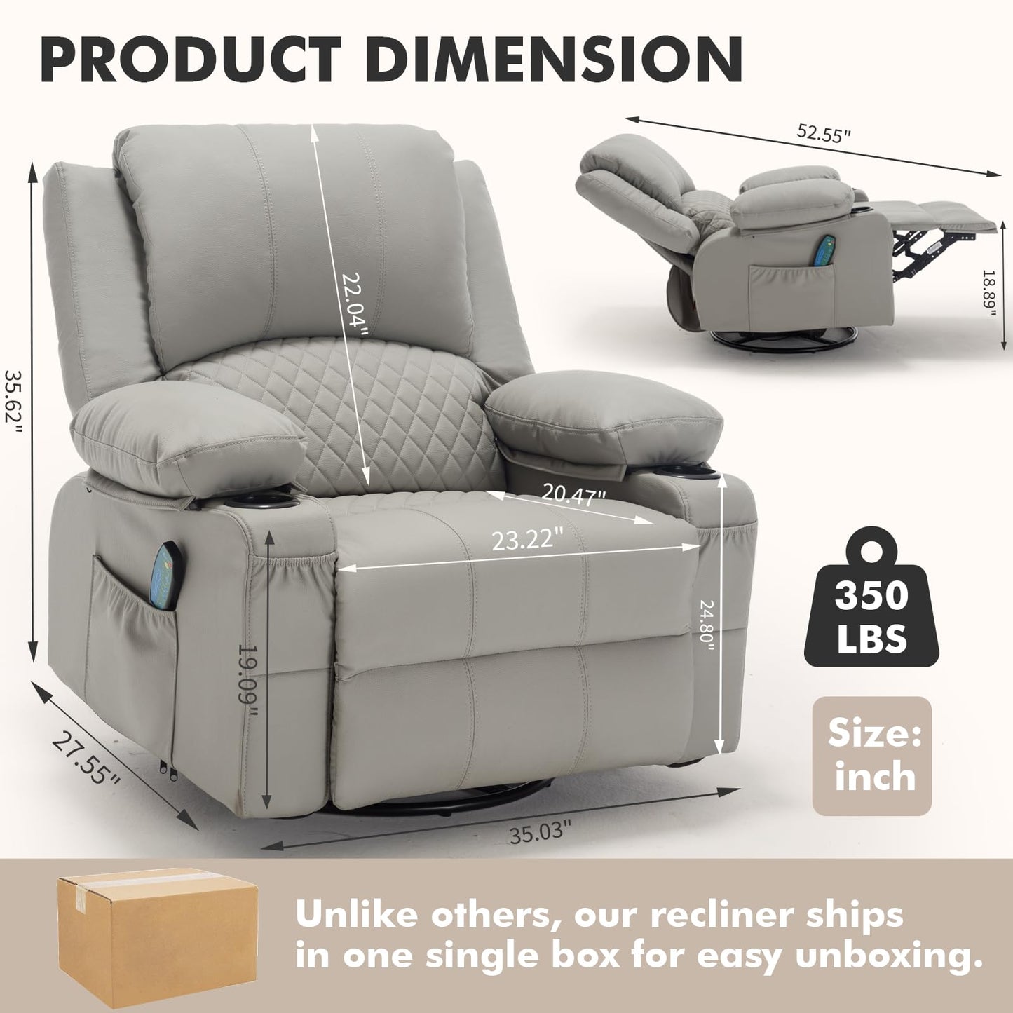 Comermax Swivel Rocker Recliner with Heat and Massage, Wide Seat Heated Massaging Reclining Chair, Faux Leather Rocking Recliner Glider Chair with Cup Holder, Grey