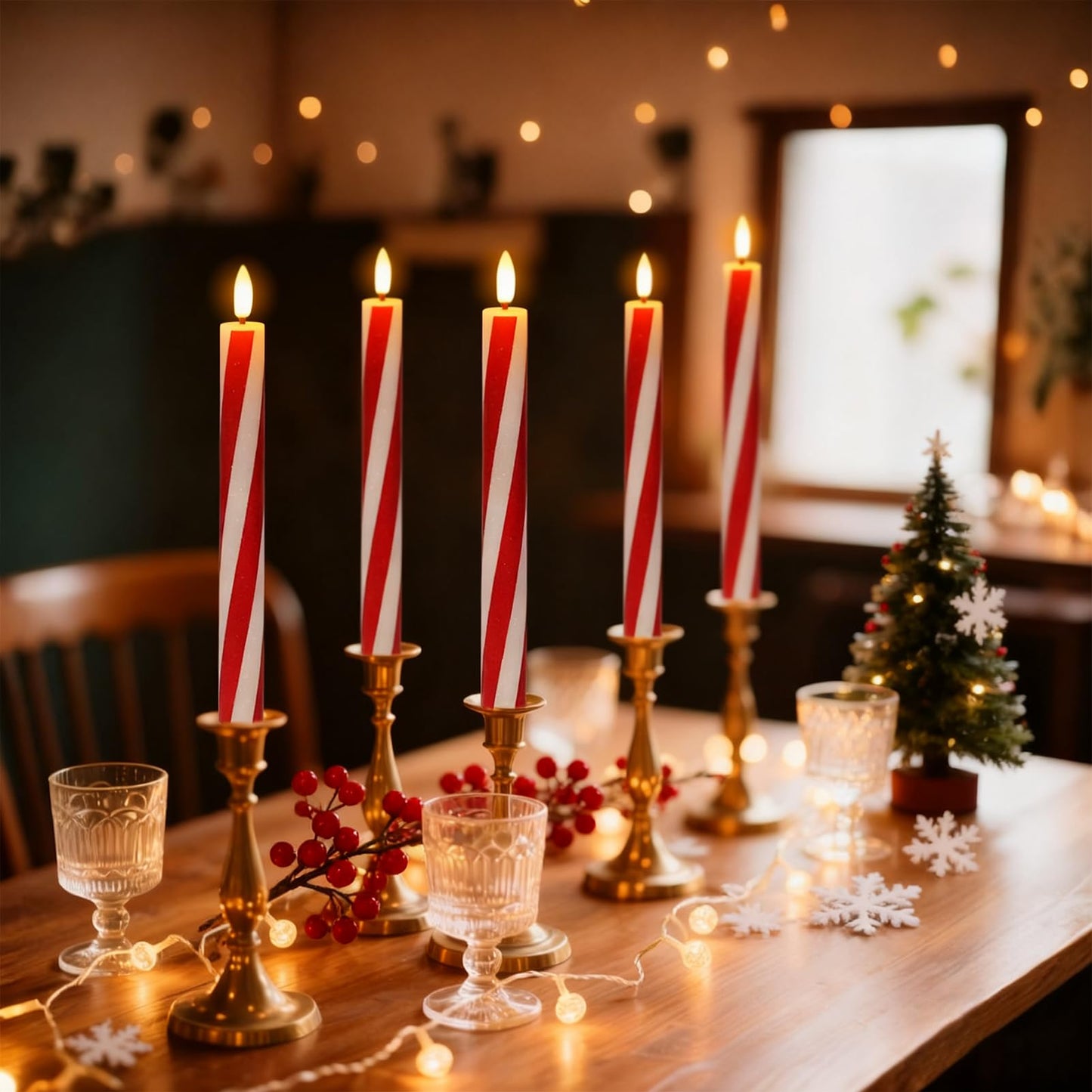 DRomance Christmas Flameless Taper Candles Flickering Battery Operated with Remote Timer, 2 Pack Real Wax 3D Wick LED Taper Candles Candy Cane Decals Holiday Indoor Dinner Decor(0.76" D x 9.65" H)