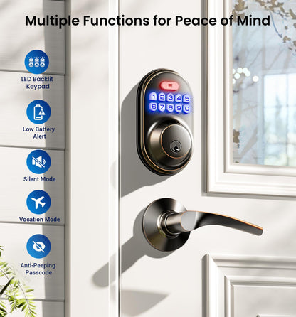 Veise Keyless Entry Door Lock with 2 Lever Handles - Electronic Keypad Deadbolt, Auto Lock, Back Lit & Easy Installation Design, Front Door Handle Sets, Satin Nickel