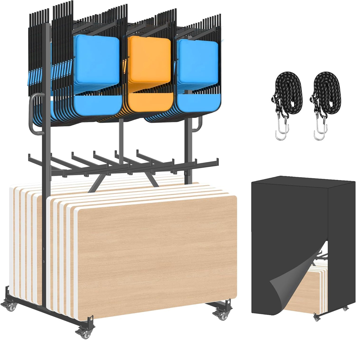 Folding Chair Rack, Heavy Duty Folding Chair Cart with Swivel Wheels,Table Cart for 84 Chair or 12 Tables,1000LBS Capacity, Multi-Function Chair Storage Dolly with Outdoor Cover and 2 Binding Ropes