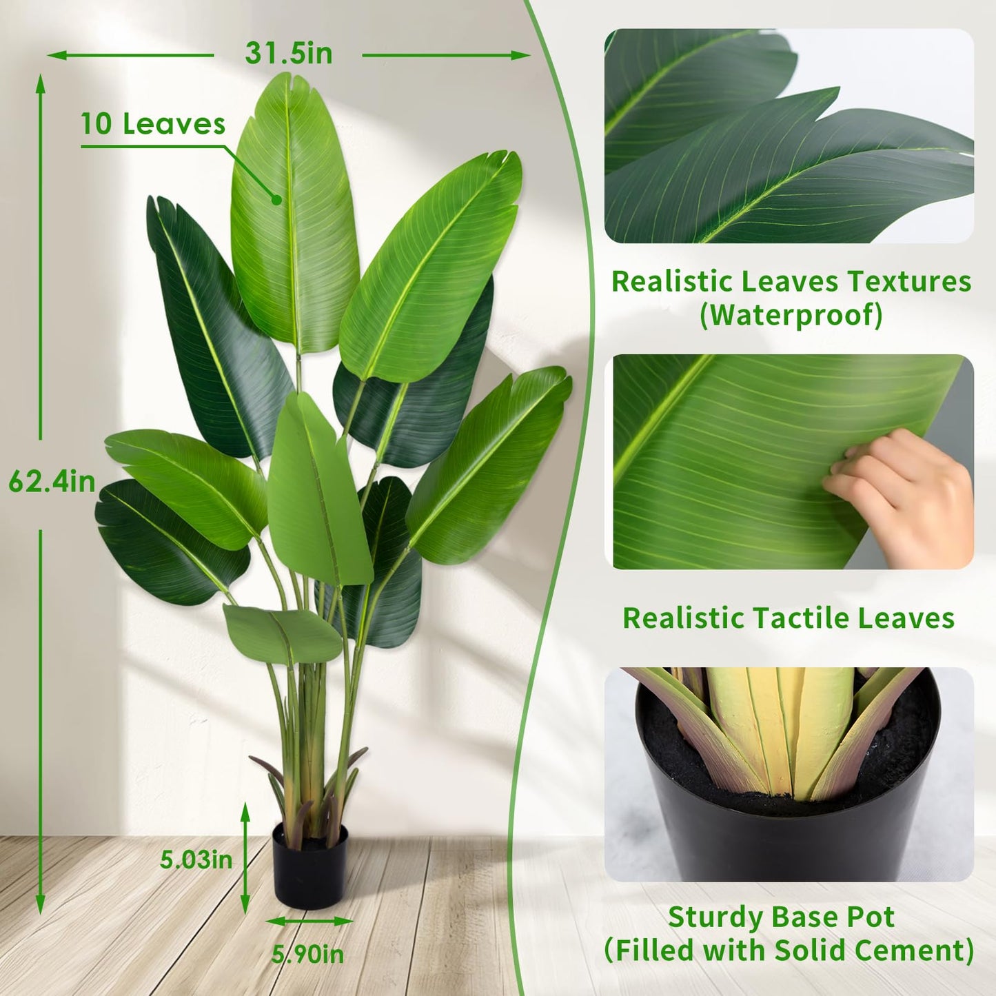 CETRD Artificial Bird of Paradise Plant 5.2Ft Fake Tropical Palm Tree with 10Trunks Faux Banana Leaf Trees in Pot for Home Indoor Outdoor Office Modern Decor Housewarming Gift（1Pcs）