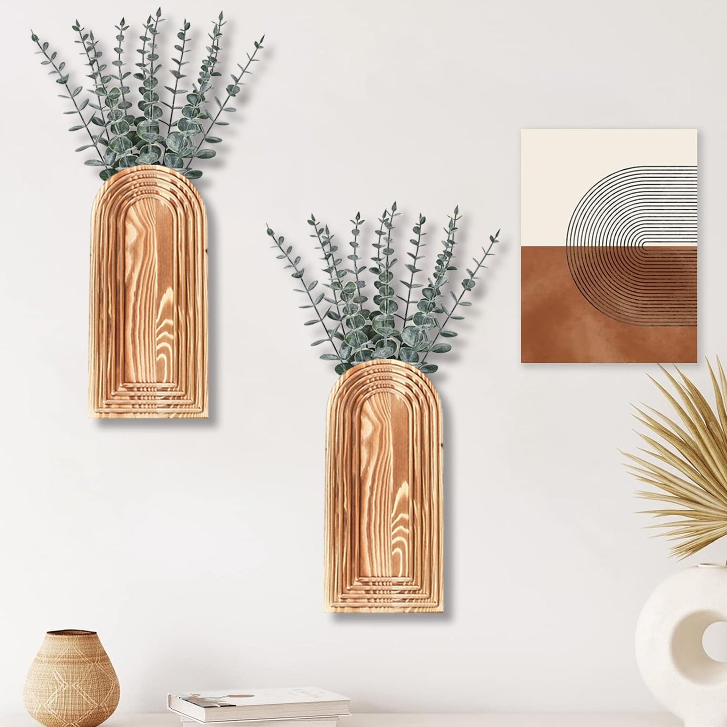 Dnnnii 2 Pack Wooden Wall Vase Set - Brown Finish Modern Farmhouse & Boho Wall Decor for Entryway, Hallway, Bathroom, Living Room, Dining Room, Narrow Spaces