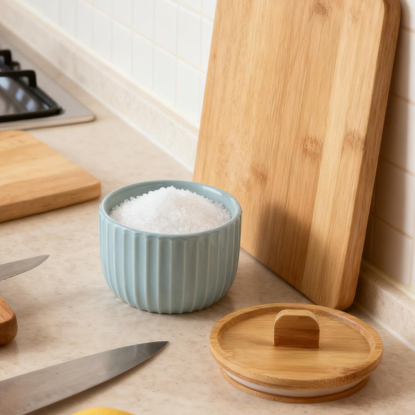 Lunavita Salt Cellar Keeper with Bamboo Lid, 14oz Big Capacity Ceramic Sugar Bowls Pepper Box, Crackle Glaze Seasoning Container Condiment Pot for Kitchen (Cyan Color)