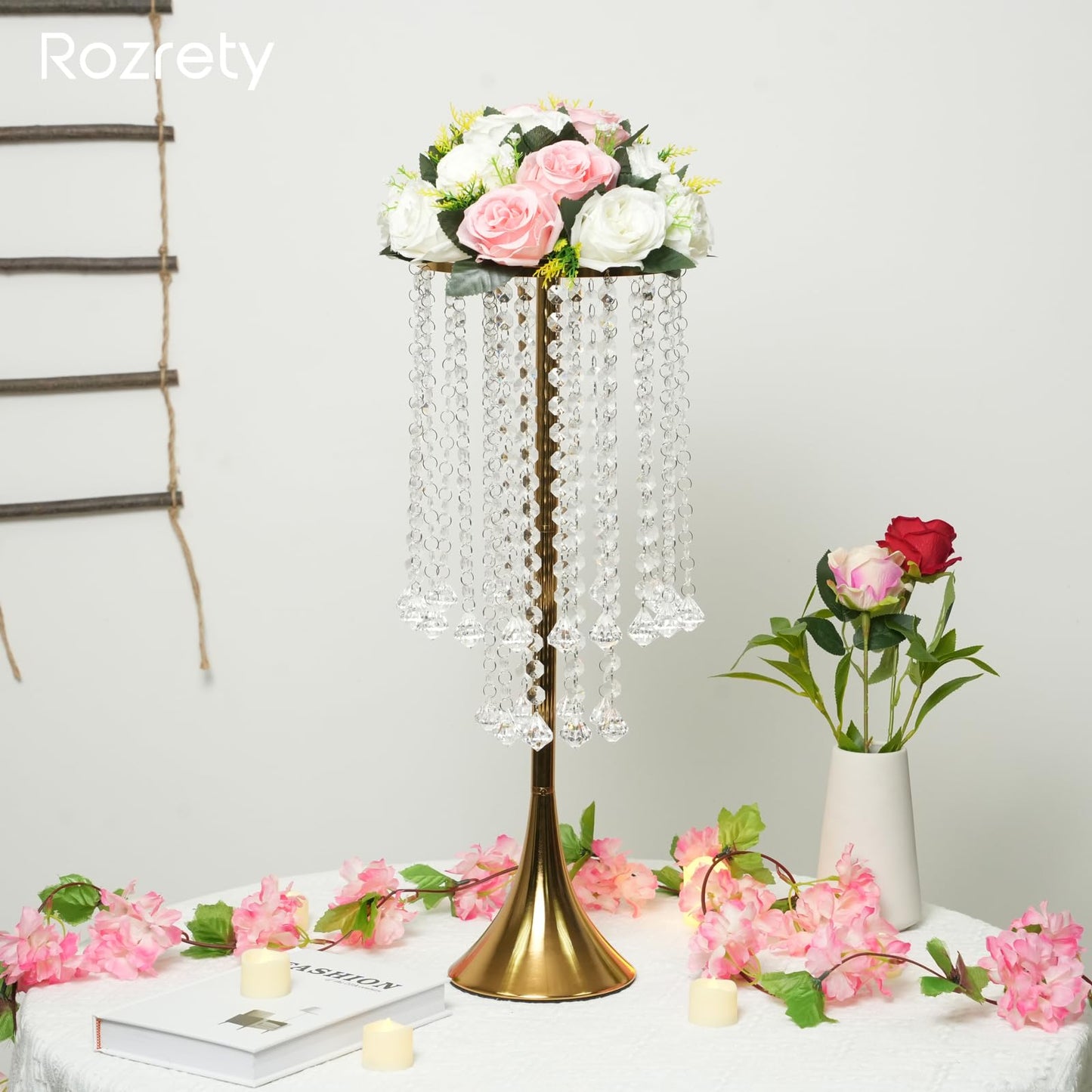 4 Pcs Gold Centerpieces for Table, Rozrety Wedding Centerpiece Vases for Tables 22inch Tall Metal Crystal Flower Stand for Party Event Wedding Anniversary Dinner Home Decorations