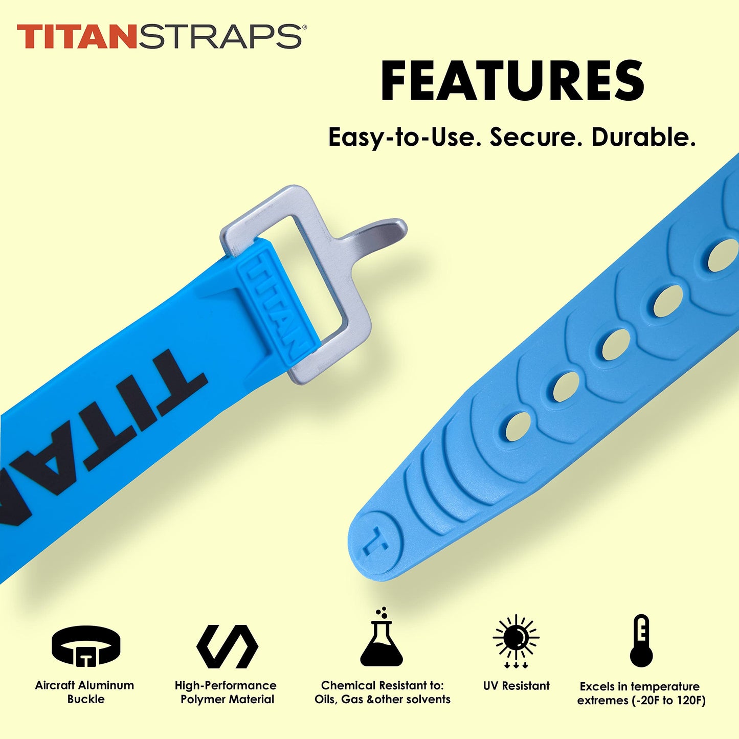 Titan Utility Straps – Easy-to-Use, Reliable Tension Straps for Securing Bike & Moto Gear, Skis, Garden Hoses, Field Repairs – Use in Frigid Temp – 60 lb.Working Load, 14" Length, Ocean Blue, 4-Pack