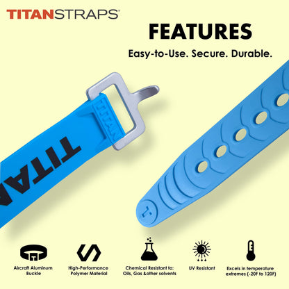 Titan Utility Straps – Easy-to-Use, Reliable Tension Straps for Securing Bike & Moto Gear, Skis, Garden Hoses, Field Repairs – Use in Frigid Temp – 60 lb.Working Load, 14" Length, Ocean Blue, 4-Pack