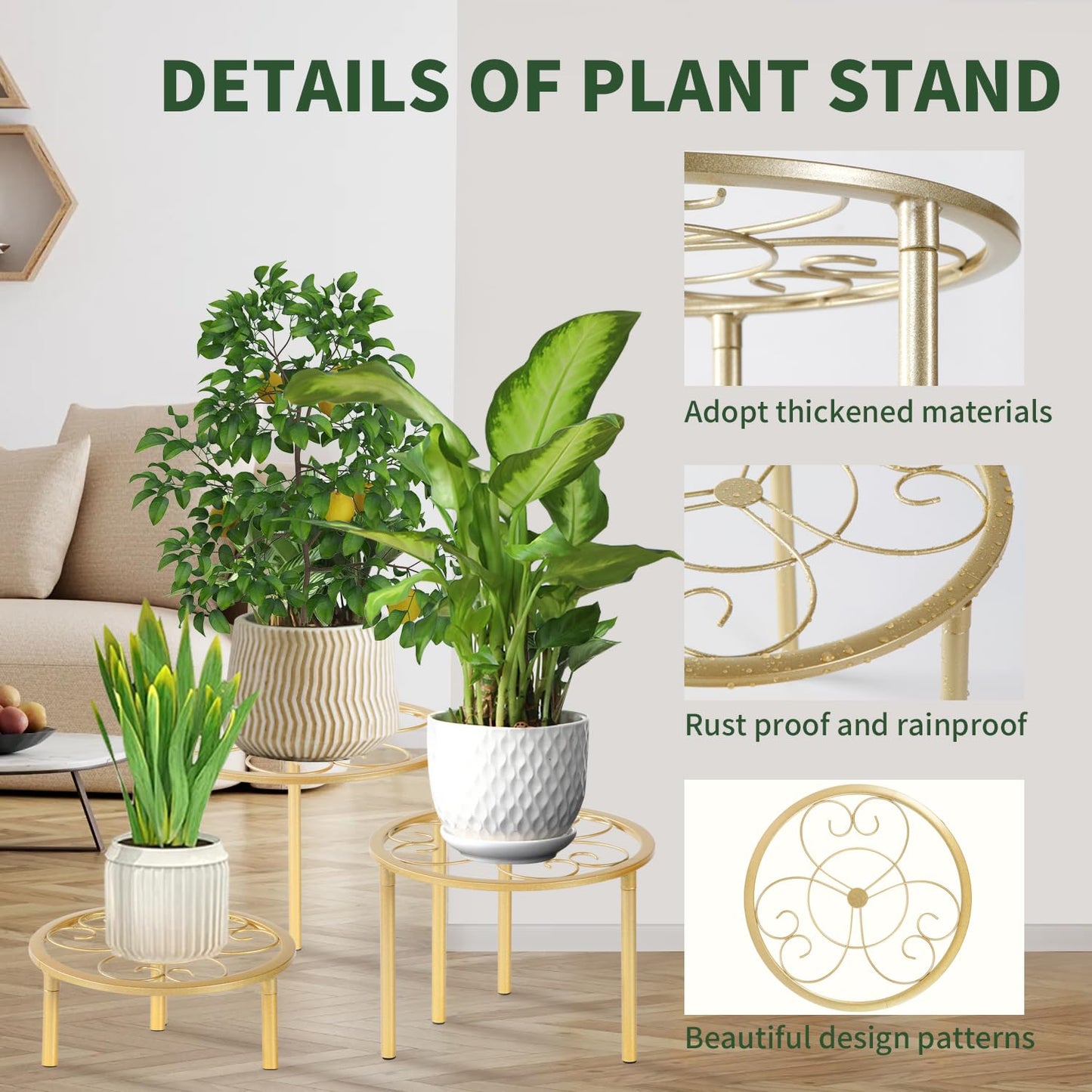 mekpiwu 5-piece set of metal plant potted flower racks, heavy-duty flower pot plant racks of different sizes, iron flower racks, suitable for indoor and outdoor home decoration (Black) (5, Gold)