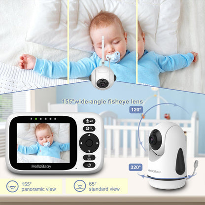 HelloBaby Baby Monitor with Camera and Audio, Video Baby Monitors Night Vision, Pan 320°& Tilt 120° Without WiFi, 3.2’‘ IPS Display 2-Way Talk, ECO Mode, 1000ft, 8 Lullabies and 8 Languages (HB6339)