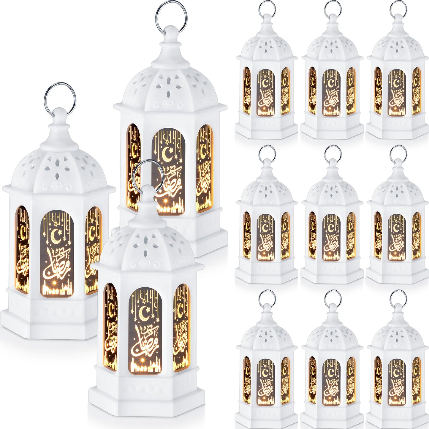Threan 12 Pcs Ramadan Lantern Lights LED mini Eid Mubarak Lantern Gifts, Ramadan Decorations for Home Table Wall Eid Centerpieces Decor (White Meteor)