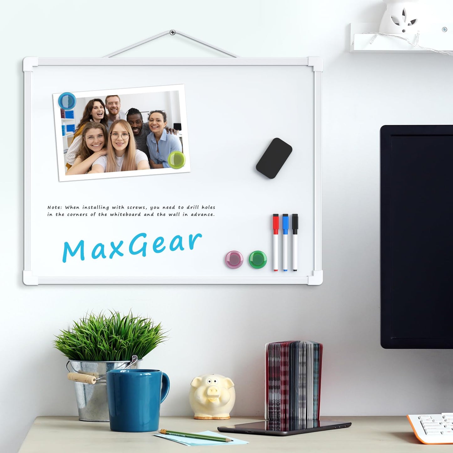 MaxGear Double-Sided Dry Erase Board for Wall, 16"x12" Hanging Whiteboard, Small Dry Erase White Board with 3 Markers&4 Magnets, Portable Whiteboard for Students - Planning, Drawing, Memo, to Do List