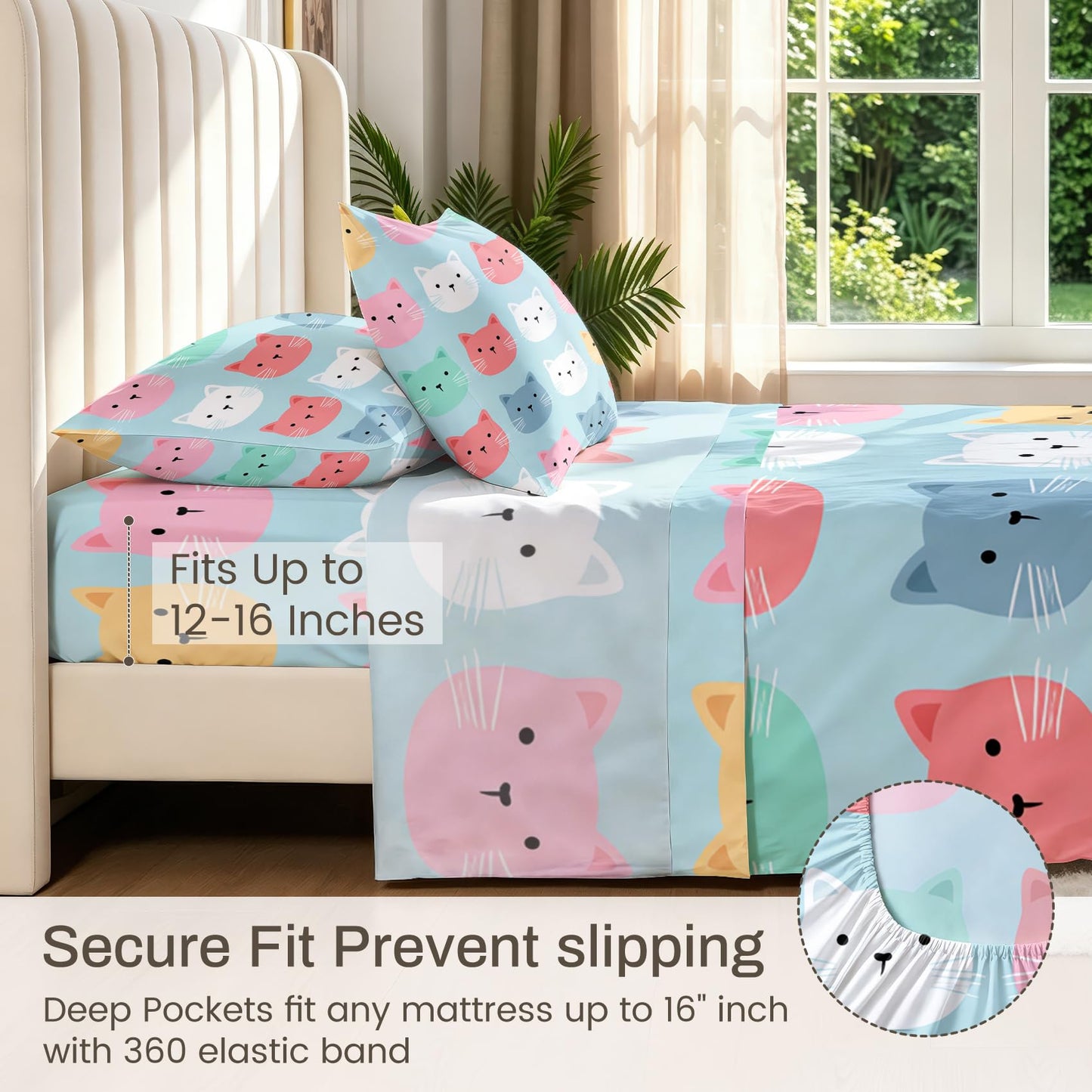 Cute Cat Sheet Set, 4 Pcs Queen Size Girls Kitten Bed Sheets