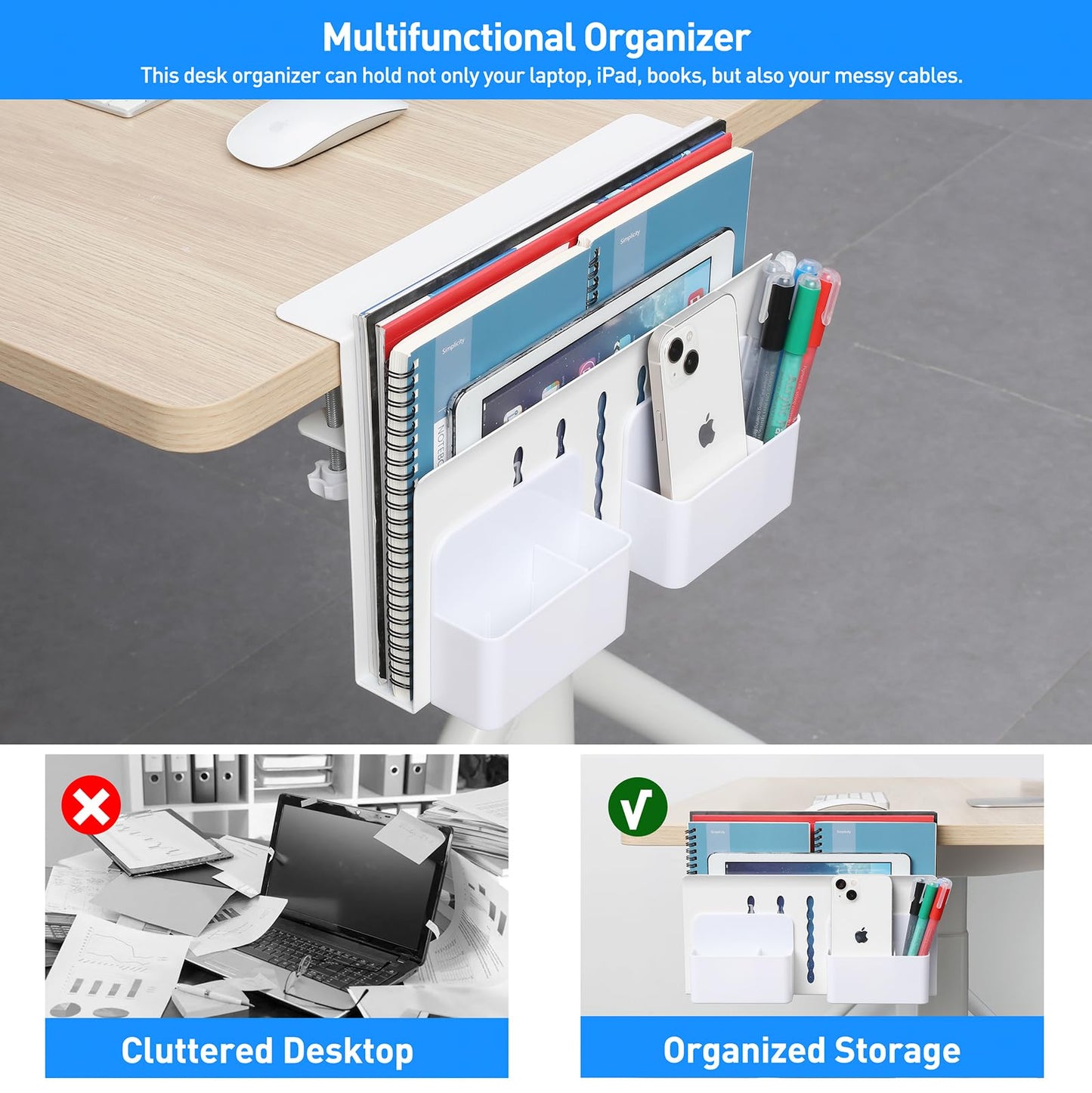 MAXECHO Desk Side Storage, Under Desk Laptop Mount, Table Side Hanging File Organizer, No Drill Clamp On Cable Management Tray, Laptop Holder with Magnetic Pen Holder for Office and Home, Load 22 Lbs