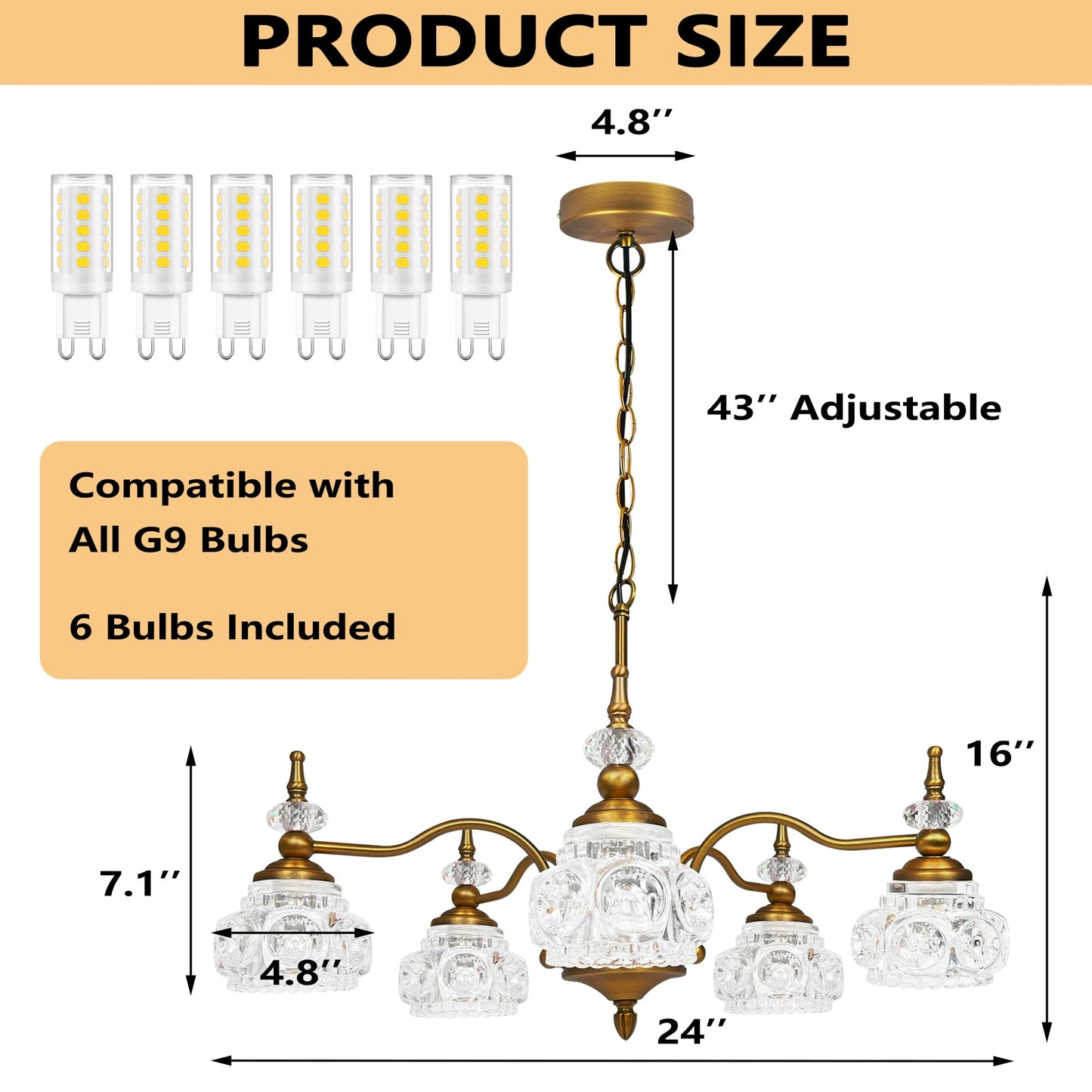 Montex Brass Pendant Light Fixture, Gold Vintage Chandelier Light Fixture 5 Lights, Include 6 Light Bulbs Glass Pendant Light Crystal Hanging Light