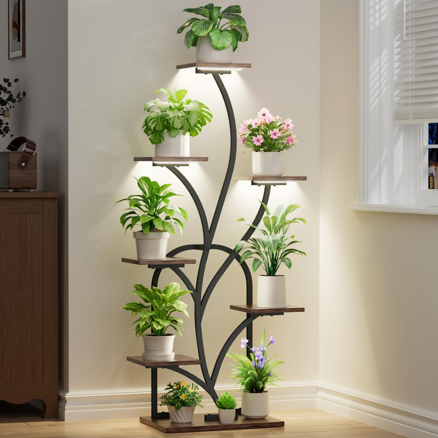 BEVAURORA Plant Stand Indoor with Grow Lights - 51" Tall Plant Stand, Corner Plant Shelf for Indoor Plants, 8 Tiered Lighted Flower Holder, Vase-shaped Plant Rack for Home, Black & Brown