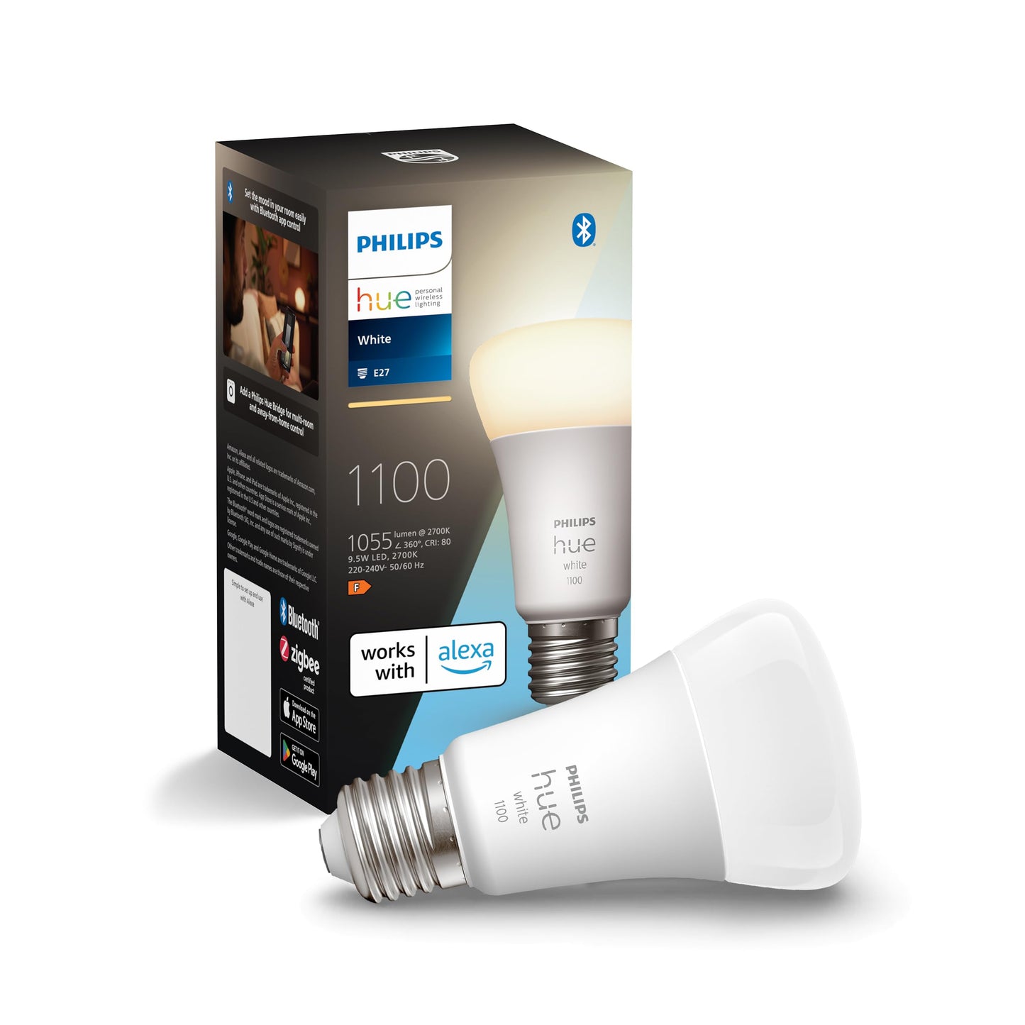 Philips Hue White E27 lamp single pack 1x1055lm; dimmable; warm white light; controllable via app; compatible with Amazon Alexa (Echo; Echo Dot)