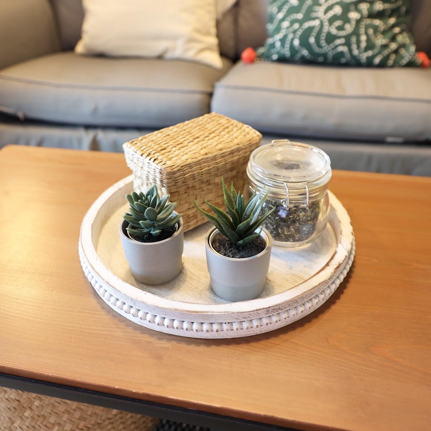 Hrastany Round Wood Serving Tray with Beaded, 13” Rustic Wooden Decorative Coffee Table Tray for Centerpiece, Ottoman, Farmhouse Circle Trays for Counter, Living Room, Home Decor (Whitewashed)