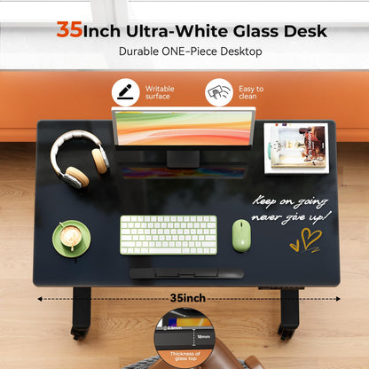 Liftsync Glass Standing Desk，35inch Whole Piece Rolling Sit Stand Table with Wheels，90° Tiltable Mobile Rising Height Adjustable，Foldable Top Suit for Small Laptop，Black