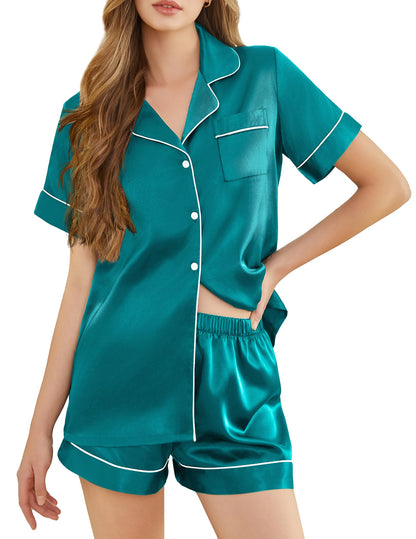 Silk Pajamas for Women Short Sleeve Sleepwear Soft Button Down Loungewear 2 Piece Satin Pjs Shorts Set S-XXL