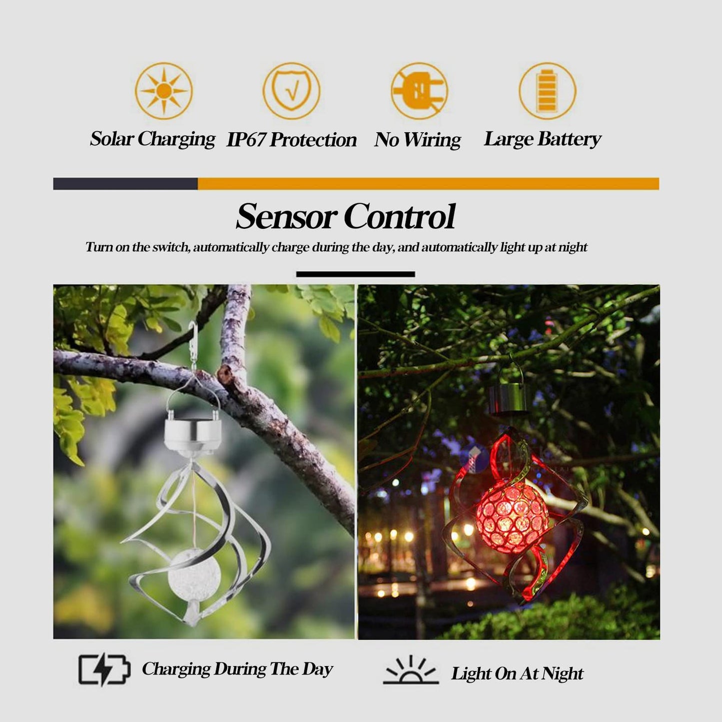 Powstro Solar Hanging Crystal Ball LED Lamp for Lawn Garden Outdoor Decor