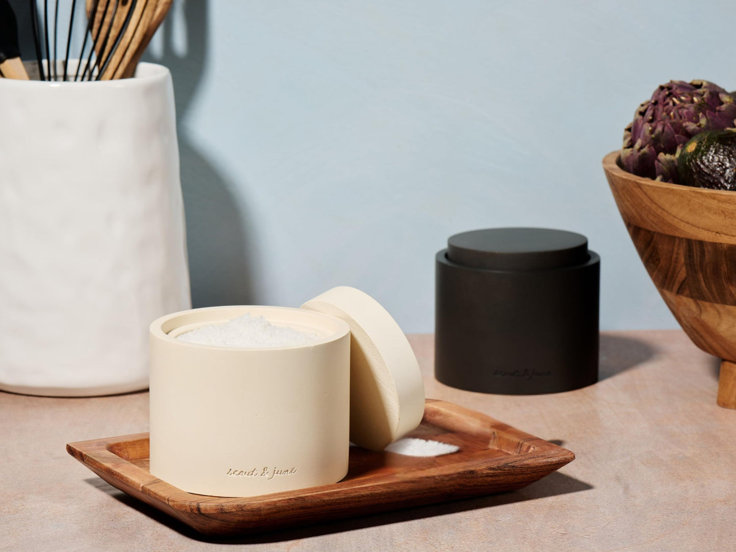 scout & june Stone Salt Cellar - Stackable, Salt and Pepper Bowls for Countertop - Crafted Salt Cellar with Lid - Convenient Kitchen Storage Containers for Spices & Pepper