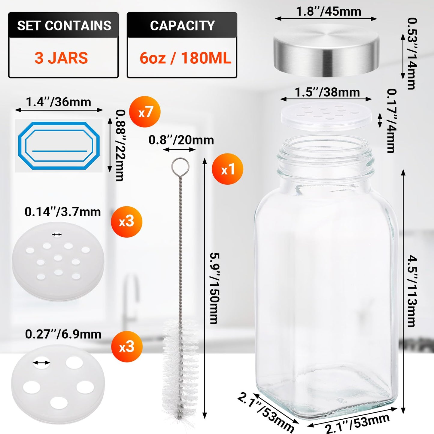 Segarty 6oz Spices Bottle with Stainless Steel Shaker Lids, 3 PCS 180ml Square Spice Containers, Empty Seasoning Organizer for Salt Pepper Sugar Herb Storage, Large Glass Jars with 7 Stickers, 1 Brush