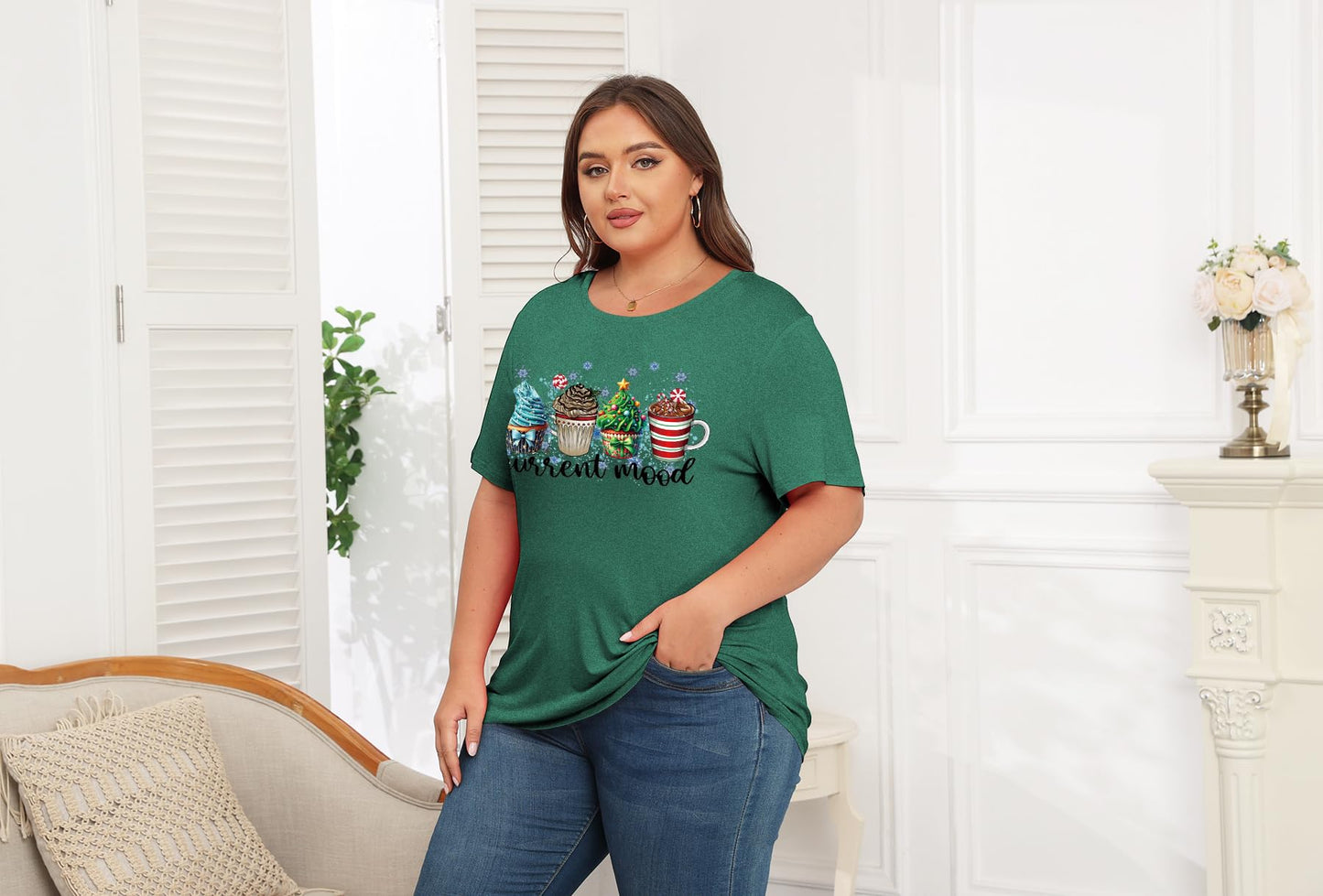 ForHailey Christmas Shirts for Women Plus Size Tops Merry Christmas Tee Shirts 2025 Crew Neck Funny Short Sleeve Tshirts Christmas Outfits Cup Cake Green 3X-Large