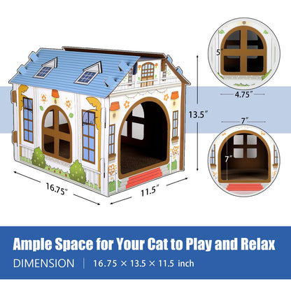 SEKAM Cardboard Cat House with Scratcher/Catnip (16.5''L x 12''W x 13''H), Play House for Indoor Cats， Cat Scratching Box & Hideaway Furniture, Hideout for Small Animals