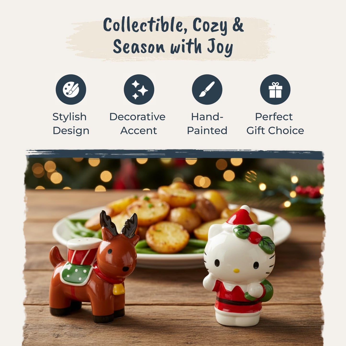 Blue Sky Clayworks Hello Kitty and Christmas Reindeer Salt and Pepper, Set of 2 Holiday Kitchen Appliances, Ceramic, 24010