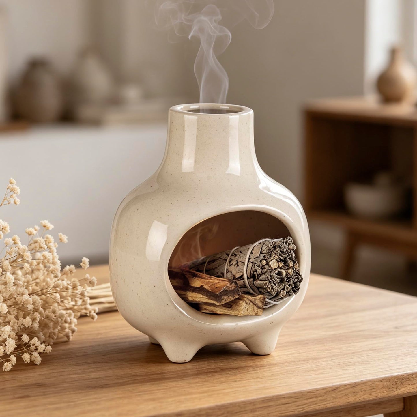 Ceramic Palo Santo Holder Burner with Chimney, Handcrafted Smudge Bowl Ash Catcher for Sage, Incense Cones & Candles, Palo Santo Sticks, for Home, Yoga, Meditation & Spiritual Ceremony (Beige)