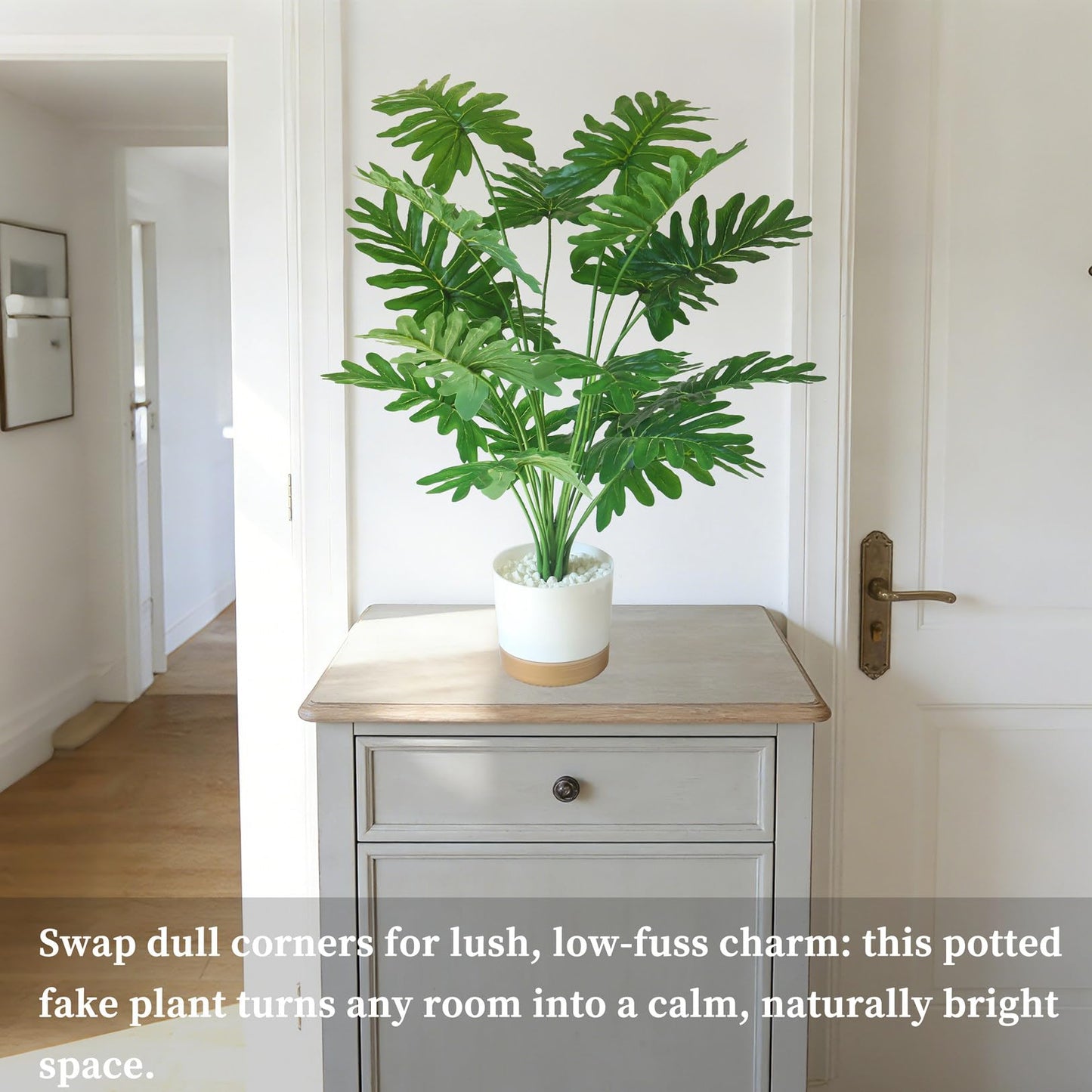 YXYQR Realistic 24" Potted Artificial Philodendron Selloum Plants – Fake Tall Tropical Plants with Pot for Indoor Outdoor Home Living Room Office Desk Shelf Decor